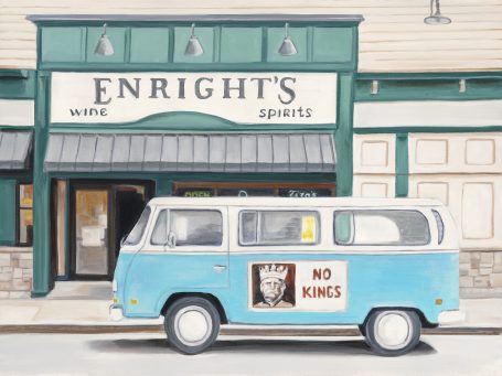 "No Kings" A vintage blue van parked in front of Enright's shop with a sign reading "No Kings."