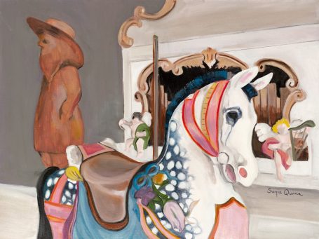 Dentzel Carousel Colorful carousel horse with ornate decorations beside a wooden bear statue.