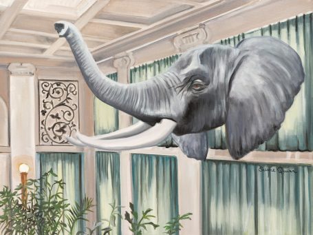 George Eastman Elephant A large elephant head emerging from behind green curtains in a decorative room.