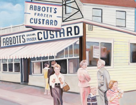 Vintage Abbotts Exterior of Abbott's Frozen Custard shop, with people socializing in front.