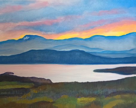 Lake Sunset Sunset over mountains with a serene lake in the foreground and colorful sky.