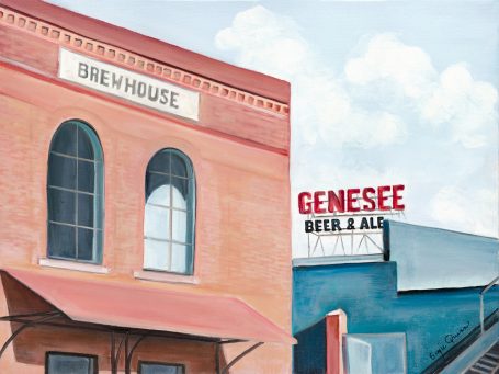 Genesee Brewery Red brick buildings with a "Genesee Beer" sign and a blue sky.