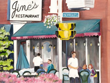 Jines Restaurant Exterior of Jim's Restaurant with outdoor seating and a traffic light nearby.